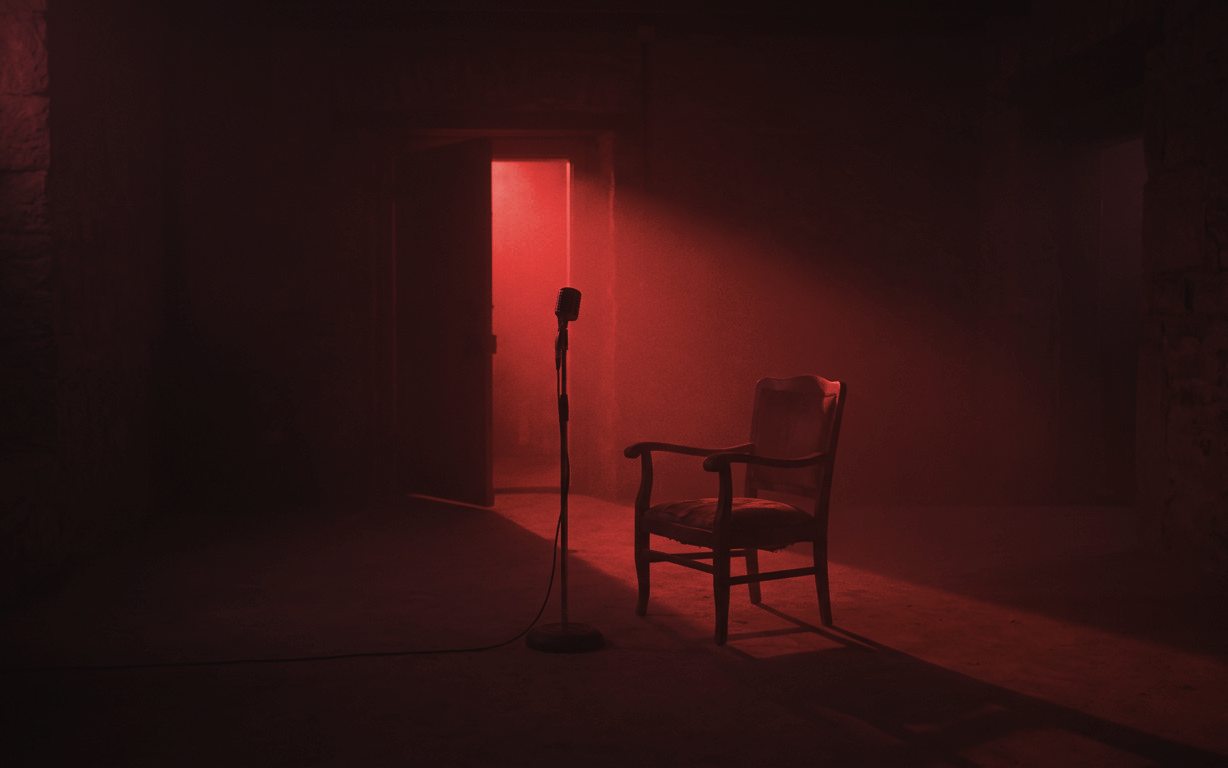 A single microphone and an empty chair in a warm, dark room